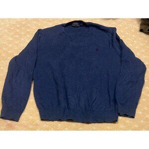 Polo Ralph Lauren V-Neck Sweater Men's Large Blue Pima Cotton Knit Pullover Pony